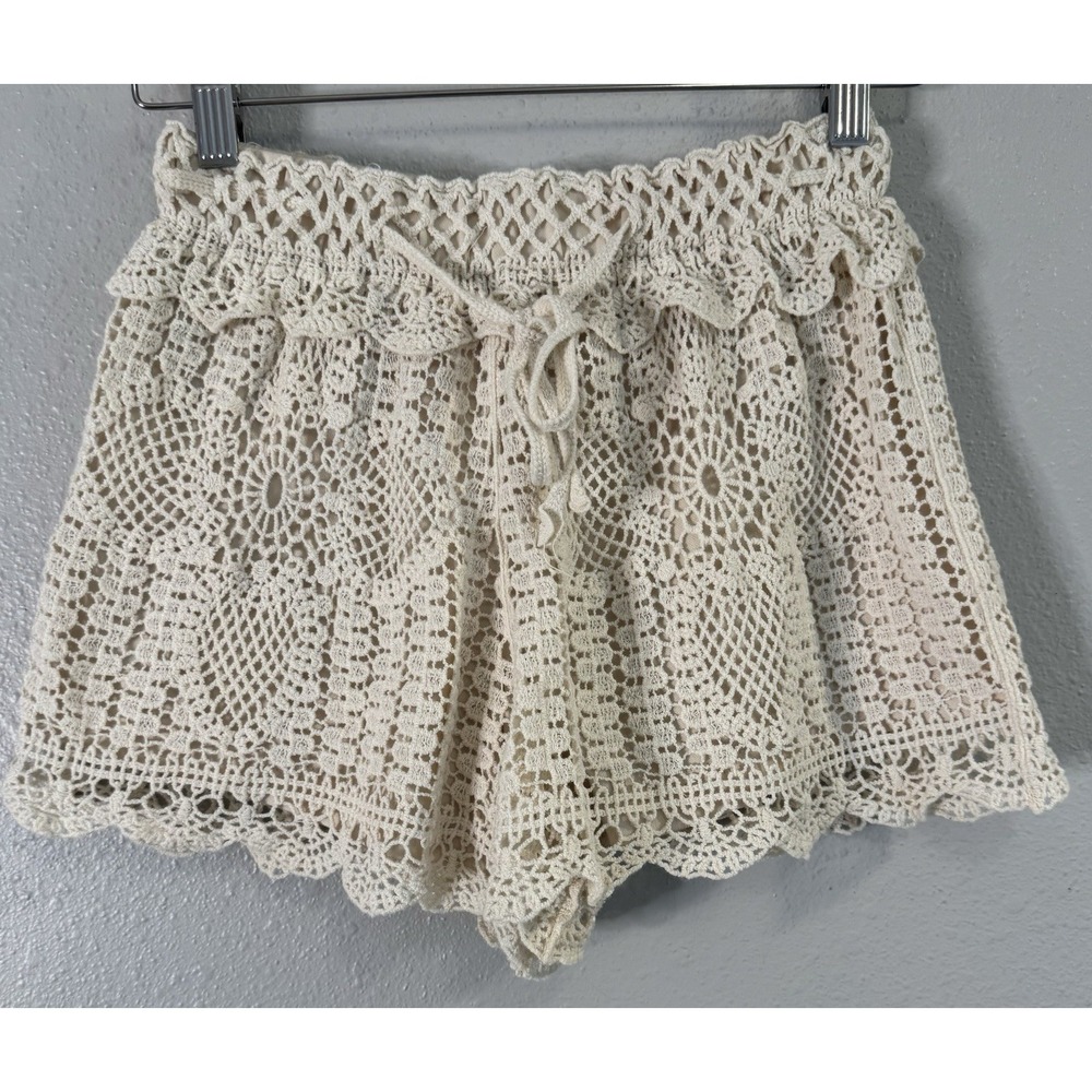 Cream Crochet Lace Shorts Boho Festival Cottagecore Scalloped Drawstring S